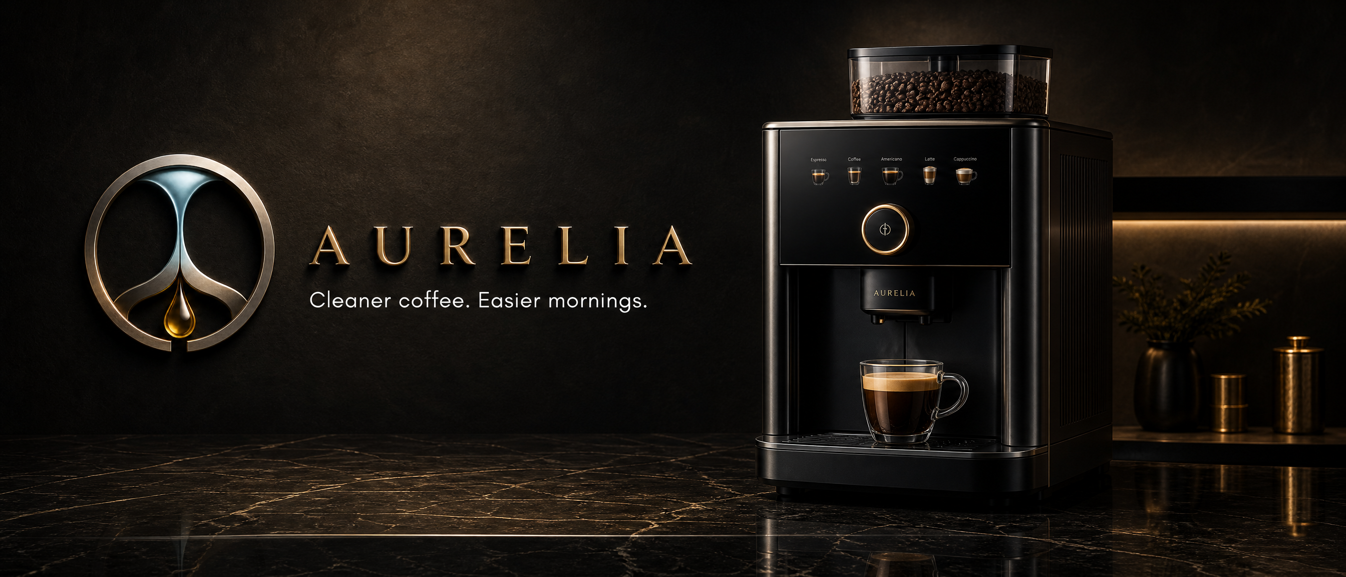 Premium all-in-one espresso machine with integrated bean hopper and front dispensing spouts, on dark marble